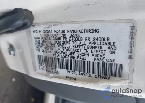 2001 Toyota Camry Le из США, поврежденный, VIN 4T1BG22K81U818421